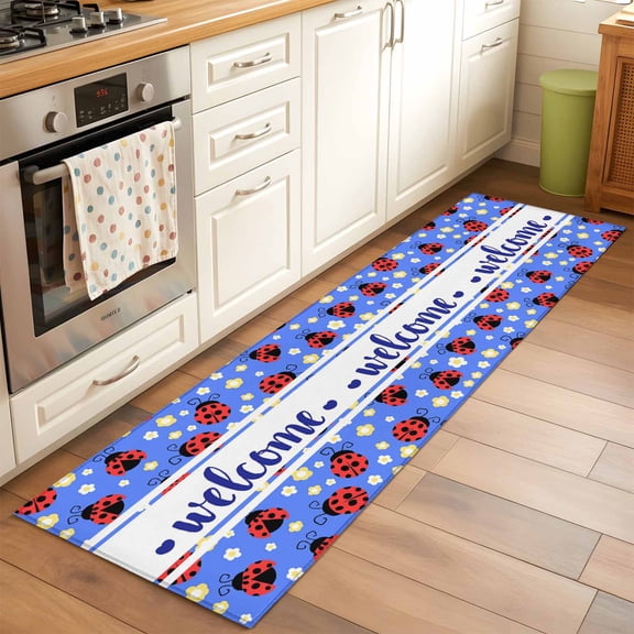 Red Ladybug Runner Rug Non Slip 2x6 Welcome Insects Yellow Daisy Floral Pastoral Style Blue Washable Rug Runner for Hallways Low Pile Kitchen Rugs Stain Resist Carpet for Bathroom Bedroom Entryway