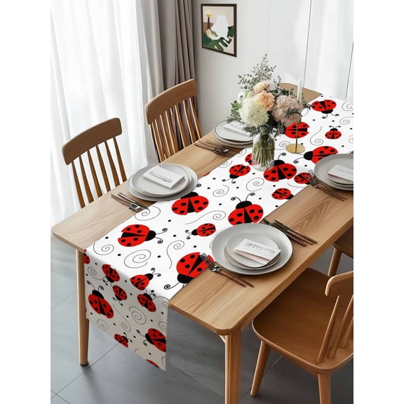Red Ladybug Seamless Table Runner 13x70in Non-Slip Cotton Linen Table Runners, Funny Cartoon Animal Dresser Scarves TableRunner for Dinner Kitchen Dining Wedding Party
