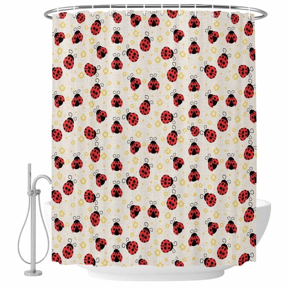Red Ladybug Shower Curtain Set with Hooks, Yellow Daisy Floral Insects Pastoral Style Linen Texture Water Repellent Shower Curtains for Bathroom Decor, Washable Sturdy Shower Curtain 72x78 Inch