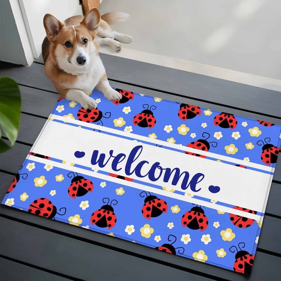 Red Ladybug Small Area Rugs 2x3 Welcome Insects Yellow Daisy Floral Pastoral Style Blue Entryway Rugs Washable Door Mat, Low-Profile Area Rugs Floor Carpet for Living Room Bedroom Home Office