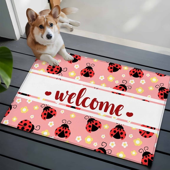 Red Ladybug Small Area Rugs 2x3 Welcome Insects Yellow Daisy Floral Pastoral Style Pink Entryway Rugs Washable Door Mat, Low-Profile Area Rugs Floor Carpet for Living Room Bedroom Home Office