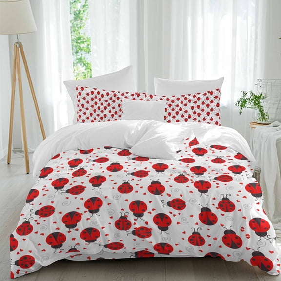 Red Ladybug Twin Size Comforter Set, Cartoon Insects Animal Love White Background Bedding for All Seasons, 4 Pcs Bed Set, 1 Quiltcover (68"x86") ,1Sheet(67"x116"), 2Pillowcases (30"x20")