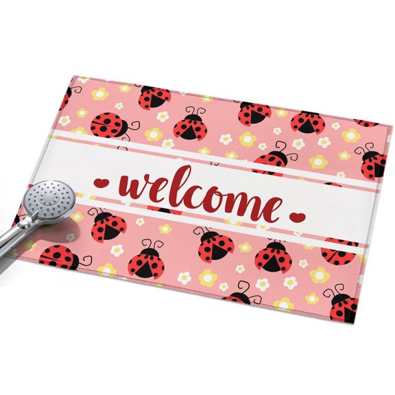 Red Ladybug Washable Area Rug 2 x 3 ft Welcome Insects Yellow Daisy Floral Pastoral Style Pink, Soft Non Slip Rugs Stain Repellent Indoor Felt Carpet for Living Dining Room Bedroom Home Office