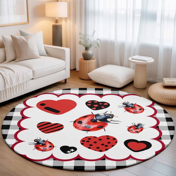 Red Ladybug Washable Round Area Rug 3 ft, Heart Motifs Black White Plaid Rustic Country Farmhouse, Soft Non Slip Rugs Stain Repellent Indoor Felt Carpet for Living Dining Room Bedroom Home Office