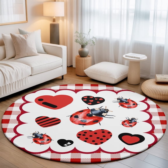 Red Ladybug Washable Round Area Rug 3 ft, Heart Motifs Red White Plaid Rustic Country Farmhouse, Soft Non Slip Rugs Stain Repellent Indoor Felt Carpet for Living Dining Room Bedroom Home Office