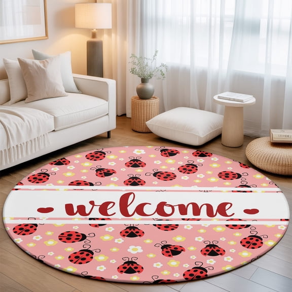 Red Ladybug Washable Round Area Rug 3 ft, Welcome Insects Yellow Daisy Floral Pastoral Style Pink, Soft Non Slip Rugs Stain Repellent Indoor Felt Carpet for Living Dining Room Bedroom Home Office