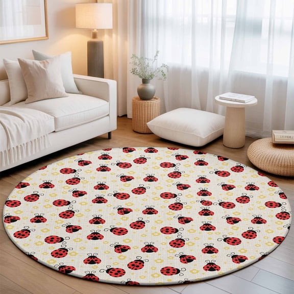 Red Ladybug Washable Round Area Rug 3 ft, Yellow Daisy Floral Insects Pastoral Style Linen Texture, Soft Non Slip Rugs Stain Repellent Indoor Felt Carpet for Living Dining Room Bedroom Home Office