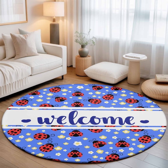 Red Ladybug Washable Round Area Rug 7 ft, Welcome Insects Yellow Daisy Floral Pastoral Style Blue, Soft Non Slip Rugs Stain Repellent Indoor Felt Carpet for Living Dining Room Bedroom Home Office