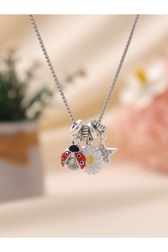Red Ladybug + White Daisy Charm Pendant Necklace In Silvertone Stainless Steel For Women