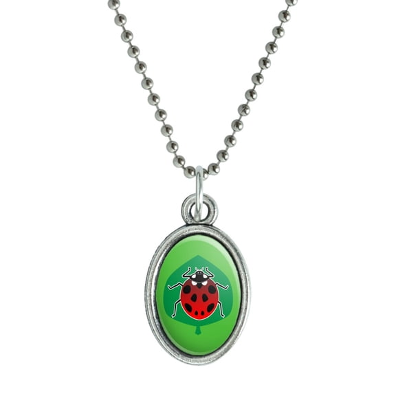 Red Ladybug on Green Leaf Ladybird Antiqued Oval Charm Pendant with Chain