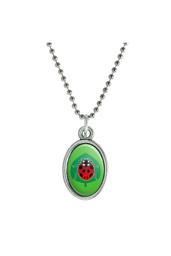 Red Ladybug on Green Leaf Ladybird Antiqued Oval Charm Pendant with Chain