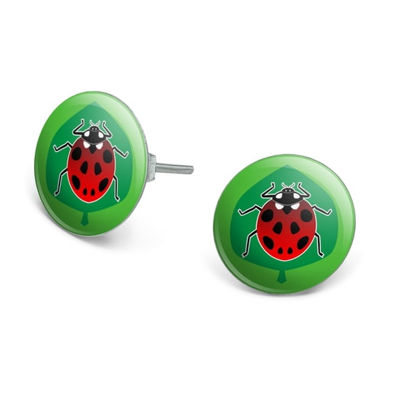 Red Ladybug on Green Leaf Ladybird Novelty Silver Plated Stud Earrings