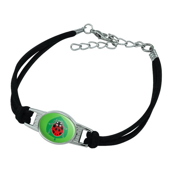 Red Ladybug on Green Leaf Ladybird Novelty Suede Leather Metal Bracelet