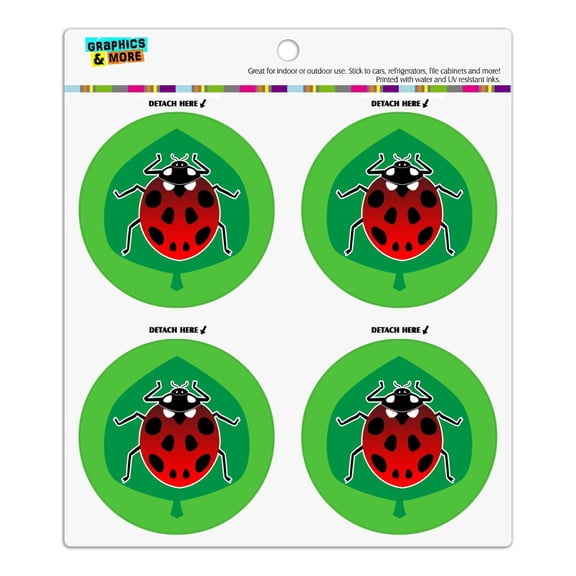 Red Ladybug on Green Leaf Ladybird Refrigerator Fridge Locker Vinyl Circle Magnet Set
