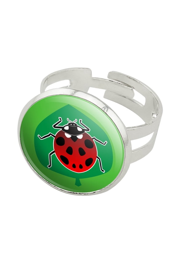 Red Ladybug on Green Leaf Ladybird Silver Plated Adjustable Novelty Ring