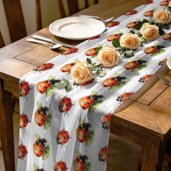 Red Ladybugs 10 ft Cheesecloth Table Runner for Wedding 27"x120", Vines Leaf Spring Plant Watercolor Inset Kitchen Dinner Sheer Tulle Chiffon Dresser Scarf, Holiday Party Decorations