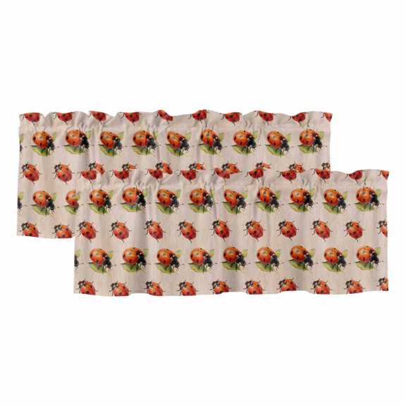 Red Ladybugs 2 Panels Kitchen Valance, Vines Leaves Spring Plant Watercolor Inset Curtains Valances for Small Windows Rod Pocket Window Treatments for Living Room Bedroom 42" W x 12" L
