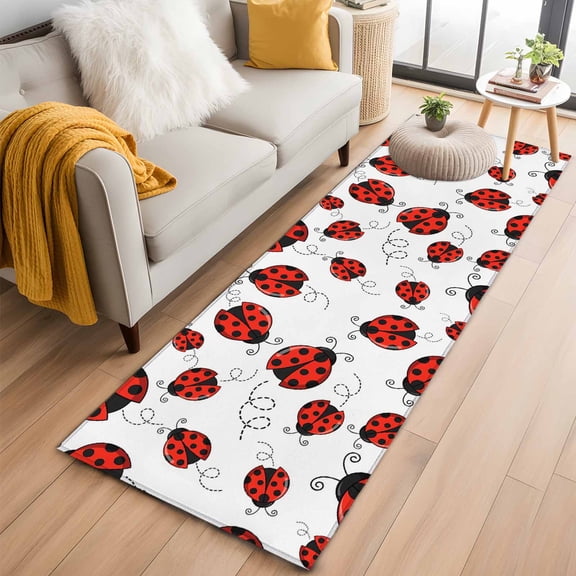 Red Ladybugs 2'x6' Runner Rugs for Hallway Kitchen Bedside Non Slip Washable, Animal Themed Spring Summer Rustic Entryway Rug Runners with Rubber Backing, Long Carpet Runner for Laundry Room