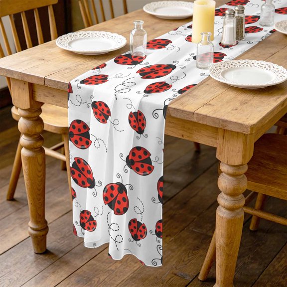 Red Ladybugs 4.5ft Cheesecloth Table Runner for Dining 19"x55", Country Cute Ladybug Red Black Animals Geometric Lines Kitchen Dinner Sheer Tulle Chiffon Dresser Scarf, Holiday Party Decorations