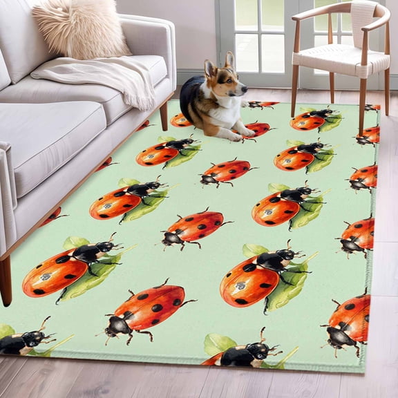Red Ladybugs Area Rugs 4x6 ft Vines Leaves Spring Plant Watercolor Inset Green Washable Rug Non Slip Indoor Carpet Absorbent Floor Mat for Living Room Bedroom Dining Room