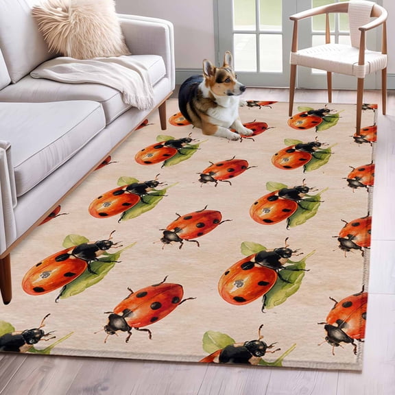 Red Ladybugs Area Rugs 4x6 ft Vines Leaves Spring Plant Watercolor Inset Washable Rug Non Slip Indoor Carpet Absorbent Floor Mat for Living Room Bedroom Dining Room
