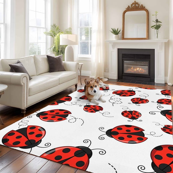 Red Ladybugs Area Rugs 5x7 ft Country Cute Ladybug Red Black Animals Geometric Lines Washable Rug Non Slip Indoor Carpet Absorbent Floor Mat for Living Room Bedroom Dining Room
