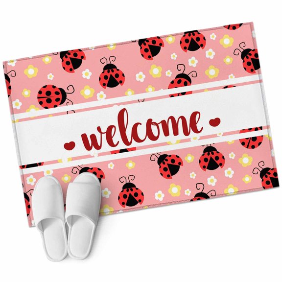 Red Ladybugs Bathroom Rug Washable 2x3 Entryway Rug Non Slip Farmhouse Country Animals Flowers Pink Front Door Mat Low Pile Indoor Doormat Throw Floor Carpet for Kitchen Bedroom Entrance