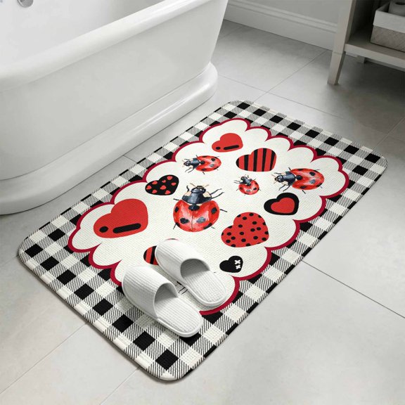 Red Ladybugs Bathroom Rugs Non Slip Washable Bath Mat Absorbent Front Door Mat Modern Love Heart Black Checkered Plaid Indoor Doormat for Kitchen Entryway Shower Decor Accessories 15.7"x23.6"