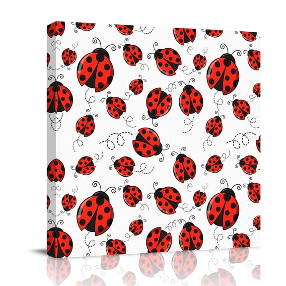 Red Ladybugs Canvas Wall Art for Living Room, Country Cute Ladybug Red Black Animals Geometric Lines Poster Print Painting for Bedroom Office Home Decoration Wall Pictures Prepare To Hang 8"x8"