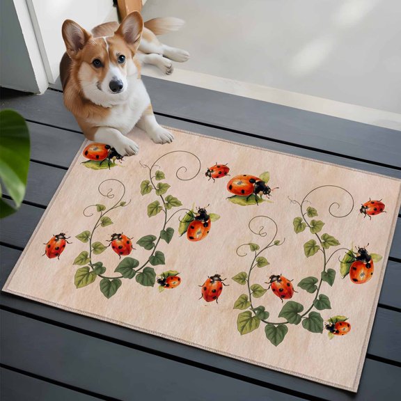 Red Ladybugs Front Door Rugs 2x3 ft Vines Cartoon Leaves Spring Plants Watercolor Small Rug for Entryway Non Slip Washable Bathroom Door Mat Absorbent Floor Mat for Indoor Entrance