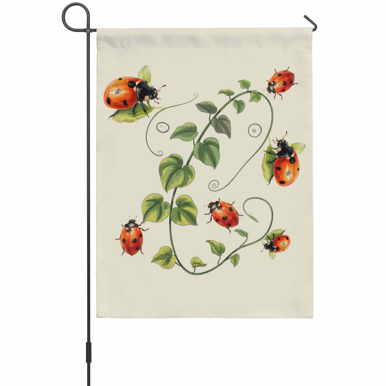 Red Ladybugs House Flag 28 x 40 Inches, Vines Cartoon Leaves Spring Plants Green Weather Proof Outdoor Patio Flags Double Sided Small House Decoration for Yard Lawn Outside Home