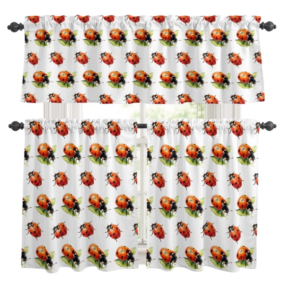 Red Ladybugs Kitchen Curtains and Valances Set, Vines Leaf Spring Plant Watercolor Inset Rod Pocket Window Valance Window Curtain Panels for Living Room Bedroom Laundry, 27.5x24in, 3 Pieces
