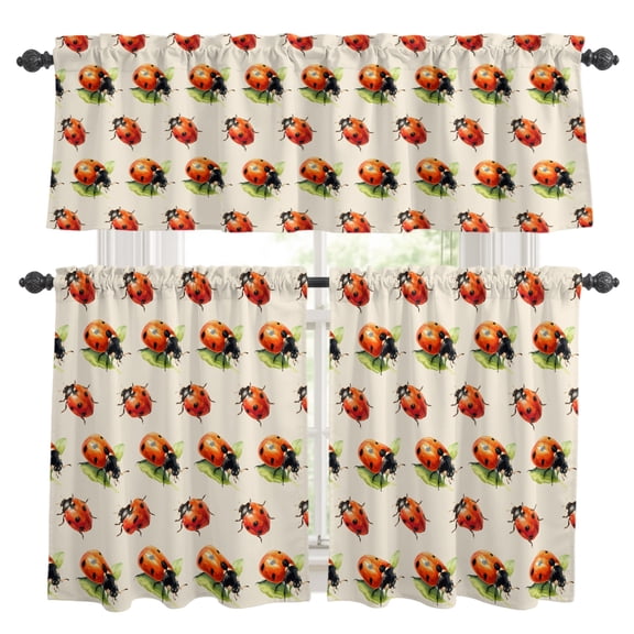 Red Ladybugs Kitchen Curtains and Valances Set, Vines Leaves Spring Plant Watercolor Inset Beige Rod Pocket Window Valance Window Curtain Panels for Living Room Bedroom Laundry, 27.5x24in, 3 Pieces