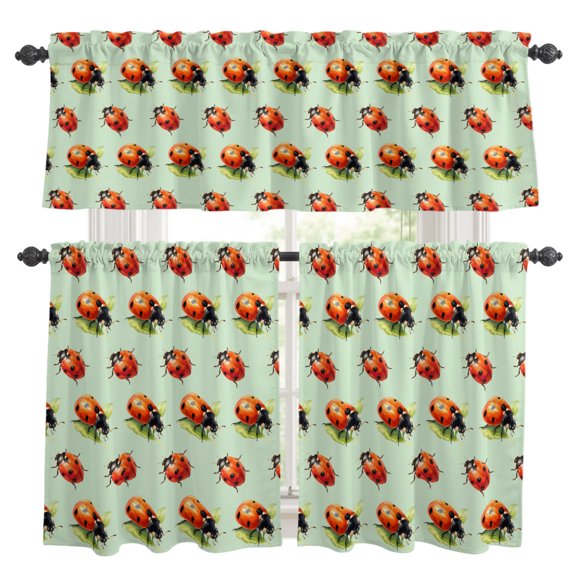 Red Ladybugs Kitchen Curtains and Valances Set, Vines Leaves Spring Plant Watercolor Inset Green Rod Pocket Window Valance Window Curtain Panels for Living Room Bedroom Laundry, 27.5x24in, 3 Pieces