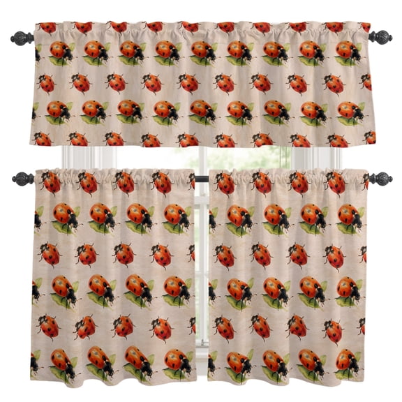Red Ladybugs Kitchen Curtains and Valances Set, Vines Leaves Spring Plant Watercolor Inset Rod Pocket Window Valance Window Curtain Panels for Living Room Bedroom Laundry, 27.5x24in, 3 Pieces