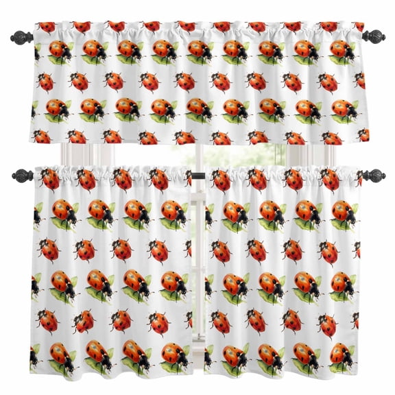 Red Ladybugs Kitchen Curtains Valances and Tiers 3pcs Vines Leaf Spring Plant Watercolor Inset Tier Curtains and Valance Rod Pocket Valance Curtains Set for Kitchen Bathroom Small Windows 27.5"x24"