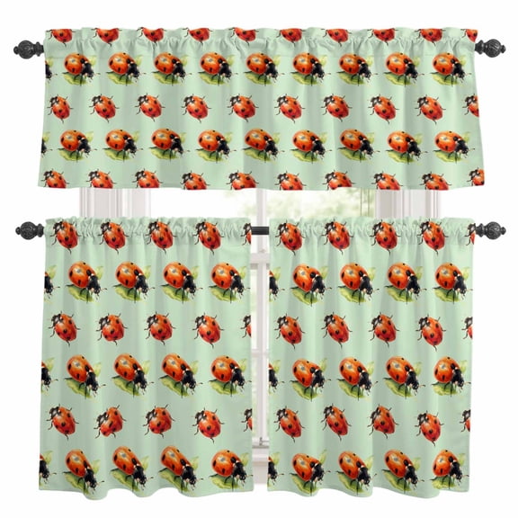 Red Ladybugs Kitchen Curtains Valances and Tiers 3pcs Vines Leaves Spring Plant Watercolor Inset Green Tier Curtains and Valance Rod Pocket Valance Curtains Set for Kitchen Bathroom 27.5"x36"