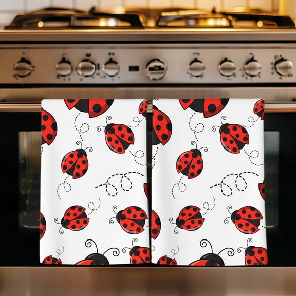 Red Ladybugs Kitchen Towels Set of 2, Animal Themed Spring Summer Rustic Absorbent Dish Towels for Kitchen, Microfiber Hand Towel, Quick Drying Tea Towel for Cleaning Decorative Dishcloths
