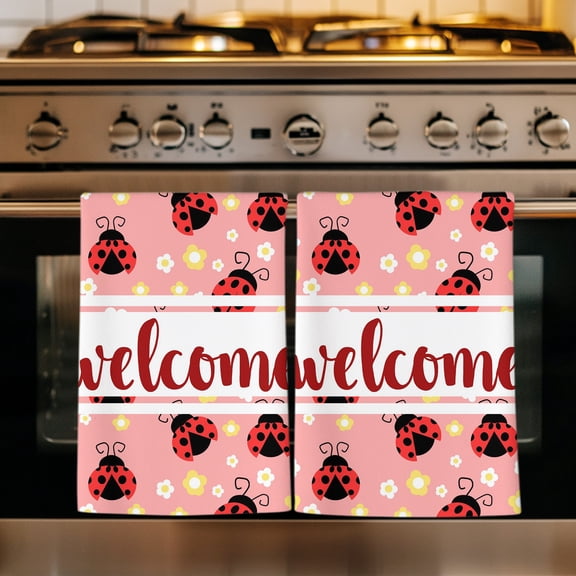 Red Ladybugs Kitchen Towels Set of 4, Farmhouse Country Animals Flowers Pink Absorbent Dish Towels for Kitchen, Microfiber Hand Towel, Quick Drying Tea Towel for Cleaning Decorative Dishcloths