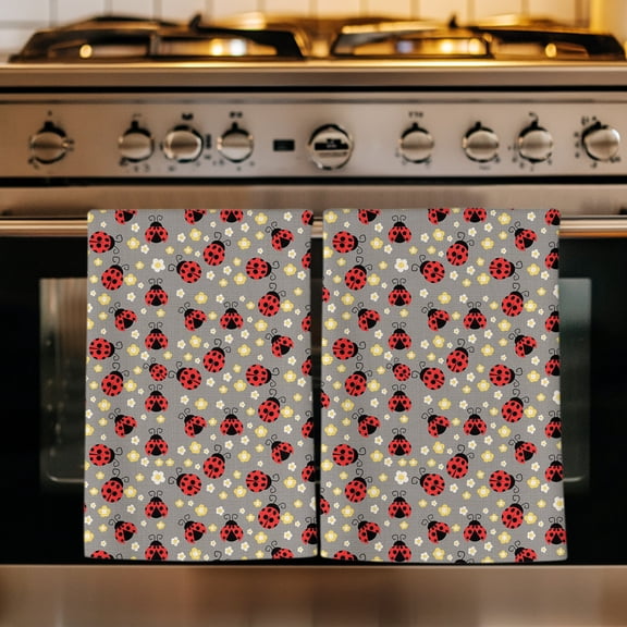 Red Ladybugs Kitchen Towels Set of 4, Farmhouse Country Animals Textured Grey Absorbent Dish Towels for Kitchen, Microfiber Hand Towel, Quick Drying Tea Towel for Cleaning Decorative Dishcloths