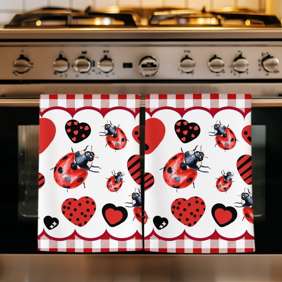 Red Ladybugs Kitchen Towels Set of 4, Modern Love Heart Checkered Plaid Absorbent Dish Towels for Kitchen, Microfiber Hand Towel, Quick Drying Tea Towel for Cleaning Decorative Dishcloths