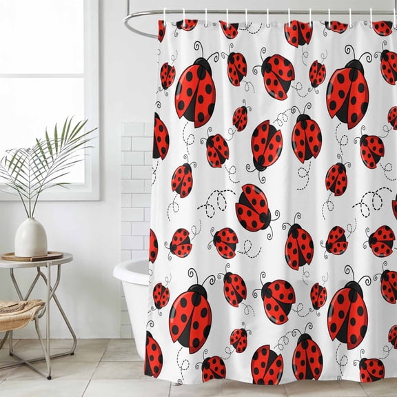 Red Ladybugs Long Shower Curtain Set, Waterproof Shower Curtains for Bathroom, Animal Themed Spring Summer Rustic Washable Fabric Cloth Bath Curtain for Bathtub Decoration with Hooks 72x84 Inches