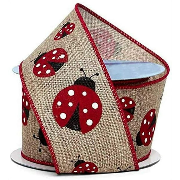 Red Ladybugs Natural Wired Ribbon - 2 1/2" x 10 Yards, Easter, Spring, Gift Basket, Wreath, Birthday, Christmas