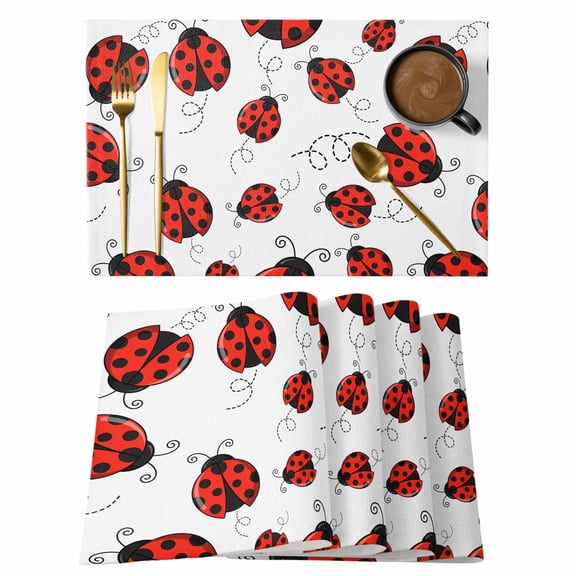 Red Ladybugs Placemats Set of 1 Country Cute Ladybug Red Black Animals Geometric Lines Heat Insulation Washable Place Mats, Non-Slip Table Mats for Dining Table Party Kitchen Decor,13x19 Inch