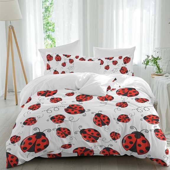 Red Ladybugs Queen Size Comforter Set, Country Cute Ladybug Red Black Animals Geometric Lines Bedding for All Seasons, 4 Pcs Bed Set, 1Quiltcover (90"x92") ,1Sheet(94"x116"), 2Pillowcases (30"x20")