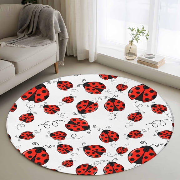 Red Ladybugs Round Area Rug 4ft, Animal Themed Spring Summer Rustic Washable Non-Slip Circle Rugs for Bedroom Living Room Kitchen, Soft Non Shedding Circle Carpet for Dining Room Dorm