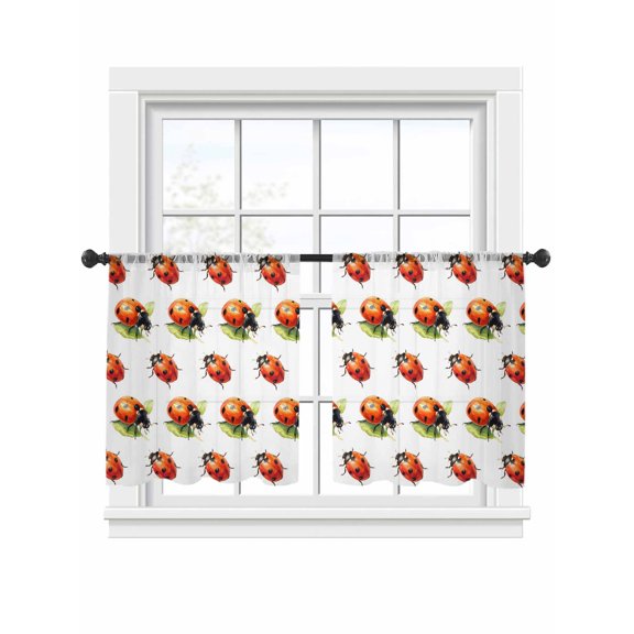 Red Ladybugs Sheer Curtains 2 Panels Set Vines Leaf Spring Plant Watercolor Inset Sheer Window Curtains Light Filtering Rod Pocket Voile Drapes for Bedroom Living Room 52"x45"