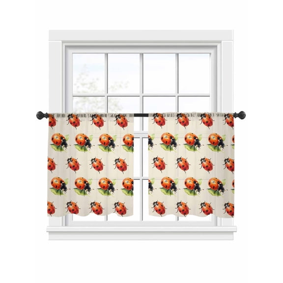 Red Ladybugs Sheer Curtains 2 Panels Set Vines Leaves Spring Plant Watercolor Inset Beige Sheer Window Curtains Light Filtering Rod Pocket Voile Drapes for Bedroom Living Room 52"x45"