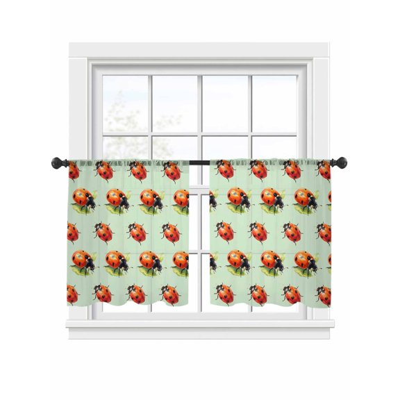 Red Ladybugs Sheer Curtains 2 Panels Set Vines Leaves Spring Plant Watercolor Inset Green Sheer Window Curtains Light Filtering Rod Pocket Voile Drapes for Bedroom Living Room 52"x45"
