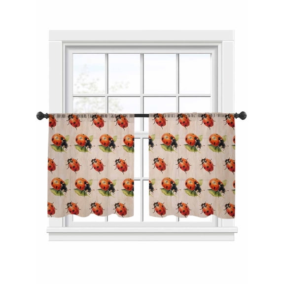 Red Ladybugs Sheer Curtains 2 Panels Set Vines Leaves Spring Plant Watercolor Inset Sheer Window Curtains Light Filtering Rod Pocket Voile Drapes for Bedroom Living Room 52"x45"